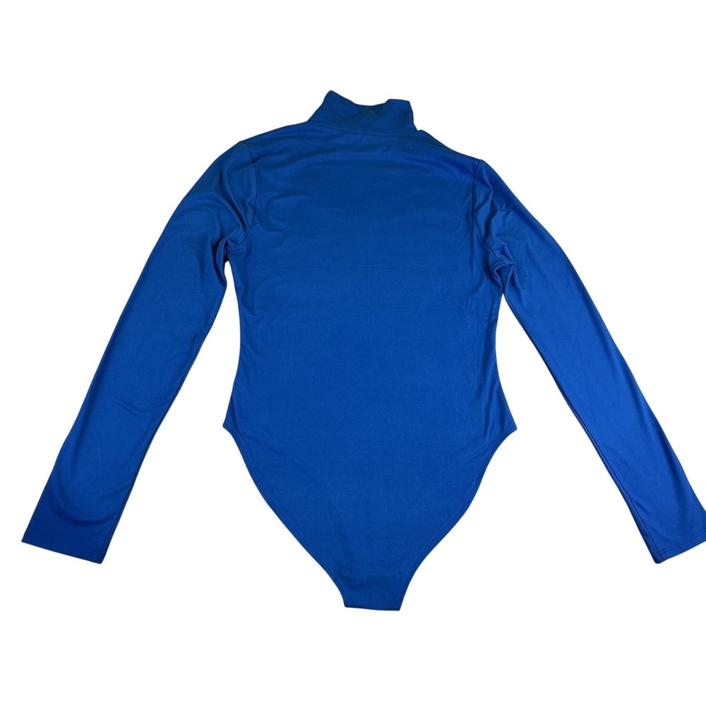 Zenana Womens Large Blue Mock Neck Long Sleeve Bodysuit Stretch‎ Knit Top